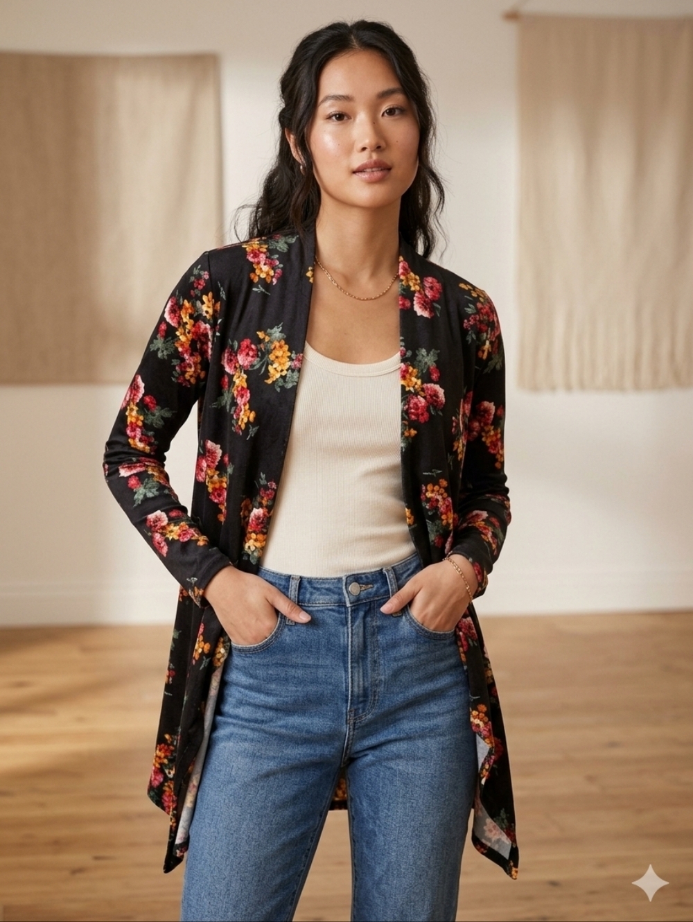 Cool Melon Velour Feel Floral Open Cardigan